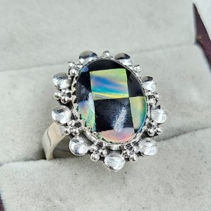Aurora Opal Checkerboard Size US 8 925 Sterling Silver Ring (RS35-60)