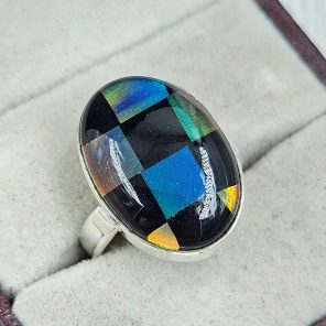 Aurora Opal Checkerboard Size US 8 925 Sterling Silver Ring (RS35-61)