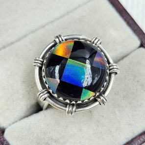 Aurora Opal Checkerboard Size US 10 925 Sterling Silver Ring (RS35-82)
