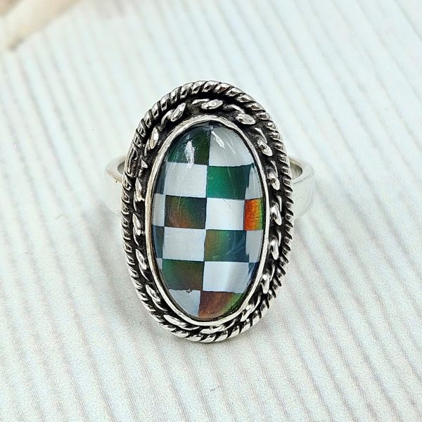 Aurora Opal Checkerboard Size US 6 925 Sterling Silver Ring (RS35-44) - Image 2