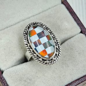 Aurora Opal Checkerboard Size US 6 925 Sterling Silver Ring (RS35-44)