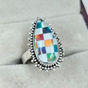 Aurora Opal Checkerboard Size US 10 925 Sterling Silver Ring (RS35-84)