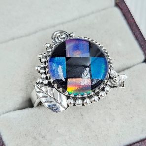 Aurora Opal Checkerboard Size US 8 925 Sterling Silver Ring (RS35-65)