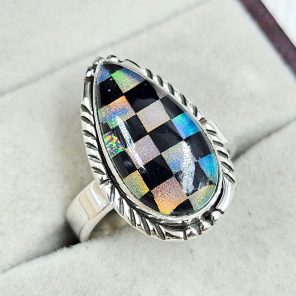 Aurora Opal Checkerboard Size US 8 925 Sterling Silver Ring (RS35-66)