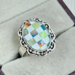 Aurora Opal Checkerboard Size US 8 925 Sterling Silver Ring (RS35-67)