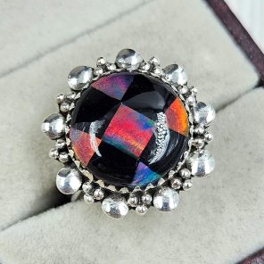 Aurora Opal Checkerboard Size US 8 925 Sterling Silver Ring (RS35-68)