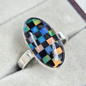 Aurora Opal Checkerboard Size US 10 925 Sterling Silver Ring (RS35-85)
