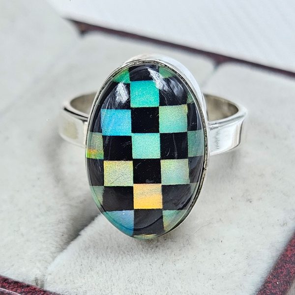 Aurora Opal Checkerboard Size US 8 925 Sterling Silver Ring (RS35-71) - Image 2