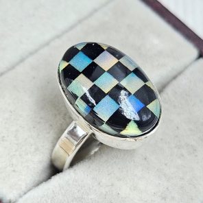 Aurora Opal Checkerboard Size US 8 925 Sterling Silver Ring (RS35-71)