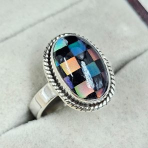 Aurora Opal Checkerboard Size US 8 925 Sterling Silver Ring (RS35-74)