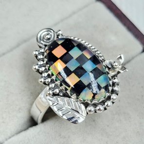 Aurora Opal Checkerboard Size US 10 925 Sterling Silver Ring (RS35-86)