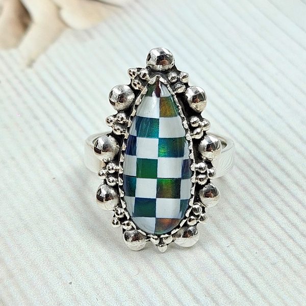 Aurora Opal Checkerboard Size US 8 925 Sterling Silver Ring (RS35-72) - Image 2
