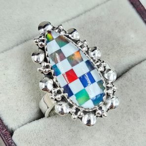 Aurora Opal Checkerboard Size US 8 925 Sterling Silver Ring (RS35-72)