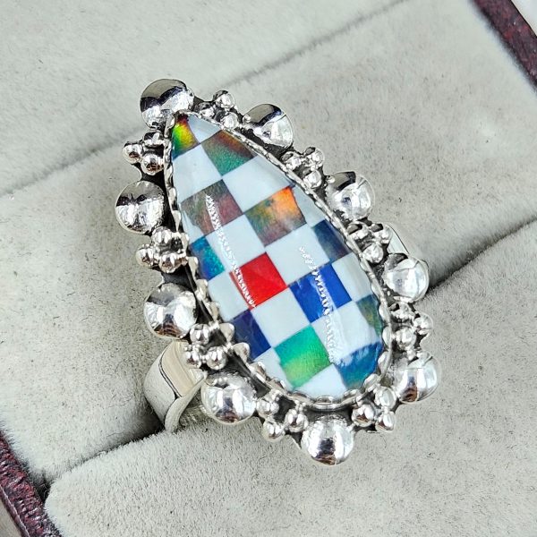 Aurora Opal Checkerboard Size US 8 925 Sterling Silver Ring (RS35-72)