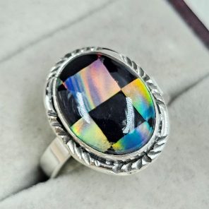 Aurora Opal Checkerboard Size US 10 925 Sterling Silver Ring (RS35-87)