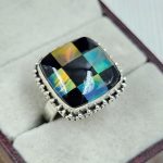 Aurora Opal Checkerboard Size US 8 925 Sterling Silver Ring (RS35-73)