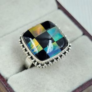 Aurora Opal Checkerboard Size US 8 925 Sterling Silver Ring (RS35-73)