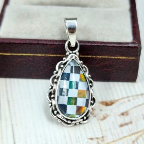Aurora Opal Checkerboard 1.25" 925 Sterling Silver Pendant (RS35-89)