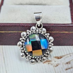 Aurora Opal Checkerboard 1.25" 925 Sterling Silver Pendant (RS35-90)