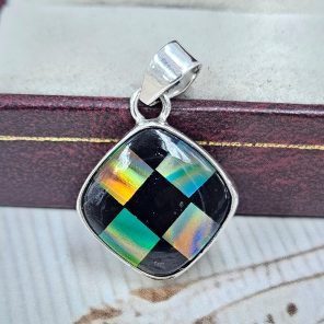 Aurora Opal Checkerboard 1.25" 925 Sterling Silver Pendant (RS35-91)