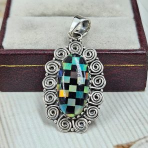 Aurora Opal Checkerboard 1.5" 925 Sterling Silver Pendant (RS35-93)