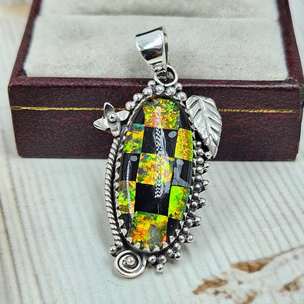 Aurora Opal Checkerboard 1.75" 925 Sterling Silver Pendant (RS35-94)