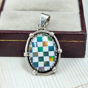 Aurora Opal Checkerboard 1.25" 925 Sterling Silver Pendant (RS35-95)