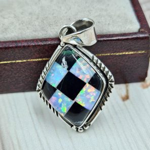 Aurora Opal Checkerboard 1.25" 925 Sterling Silver Pendant (RS35-110)