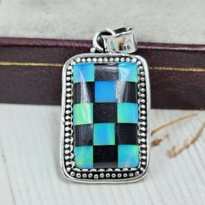 Aurora Opal Checkerboard 1.25" 925 Sterling Silver Pendant (REXT67-98)