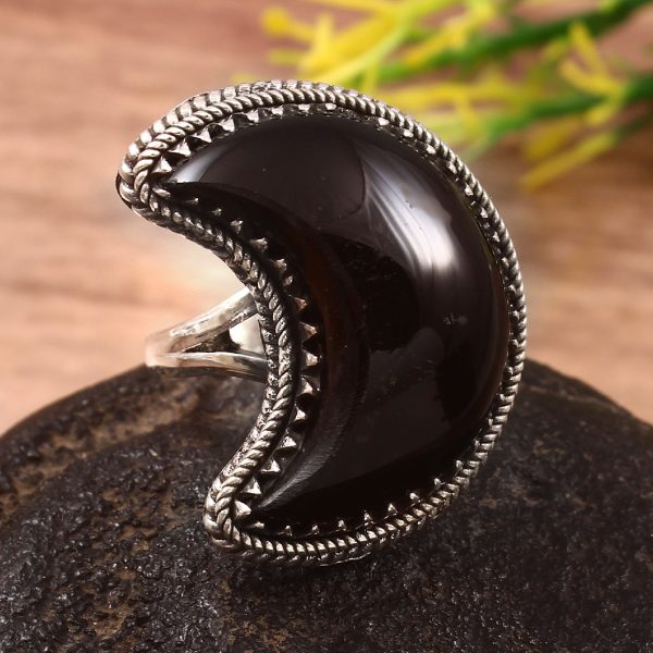 Black Onyx Crescent Moon Size US 8 925 Sterling Silver Ring (REXT23-3)