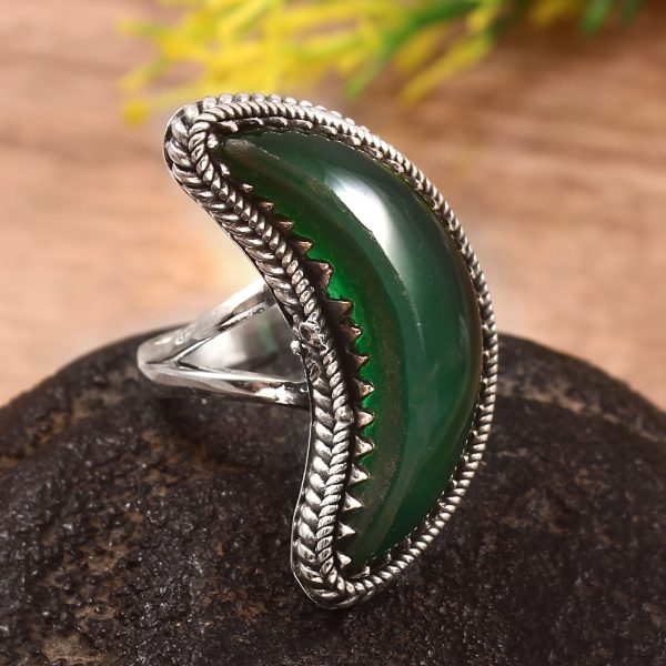 Green Onyx Crescent Moon Size US 6 925 Sterling Silver Ring (REXT23-17)