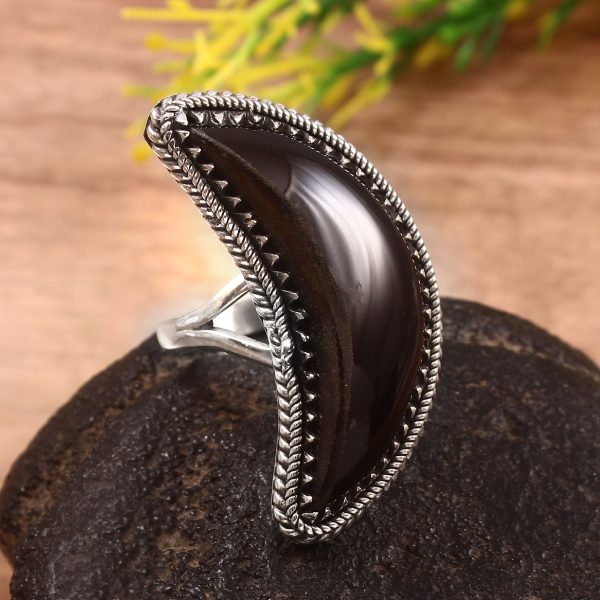 Black Onyx Crescent Moon Size US 10 925 Sterling Silver Ring (REXT23-8)
