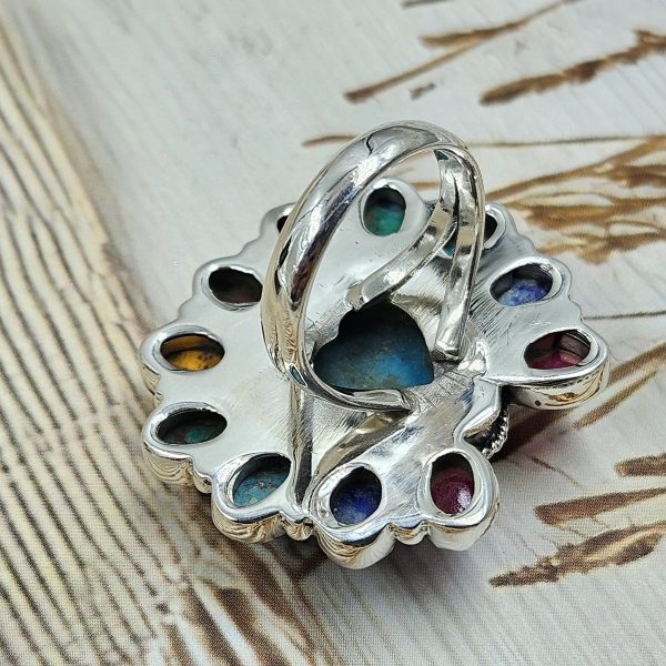 Mohave Turquoise & Multi Gem 925 Sterling Silver Cluster Ring (REXT47-233) - Image 2