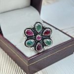 Emerald & Ruby Flower Cluster 925 Sterling Silver Ring (REXT89-14)