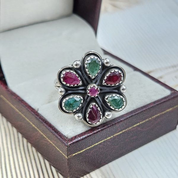 Emerald & Ruby Flower Cluster 925 Sterling Silver Ring (REXT89-14)