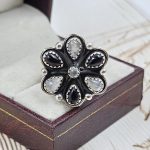 Black Onyx & Rainbow Moonstone Flower Cluster 925 Sterling Silver Ring (REXT89-13)