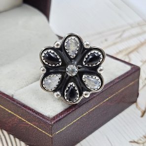 Black Onyx & Rainbow Moonstone Flower Cluster 925 Sterling Silver Ring (REXT89-13)