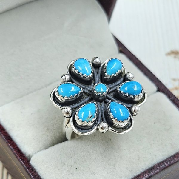 Kingman Turquoise Flower Cluster 925 Sterling Silver Ring (REXT89-10) - Image 2
