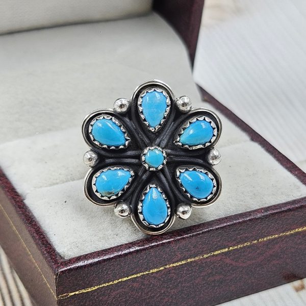 Kingman Turquoise Flower Cluster 925 Sterling Silver Ring (REXT89-10)