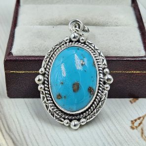 Iranian Turquoise 1" 925 Sterling Silver Pendant (REXT33-151)