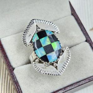 Aurora Opal Checkerboard Size US 7 925 Sterling Silver Ring (REXT67-62)