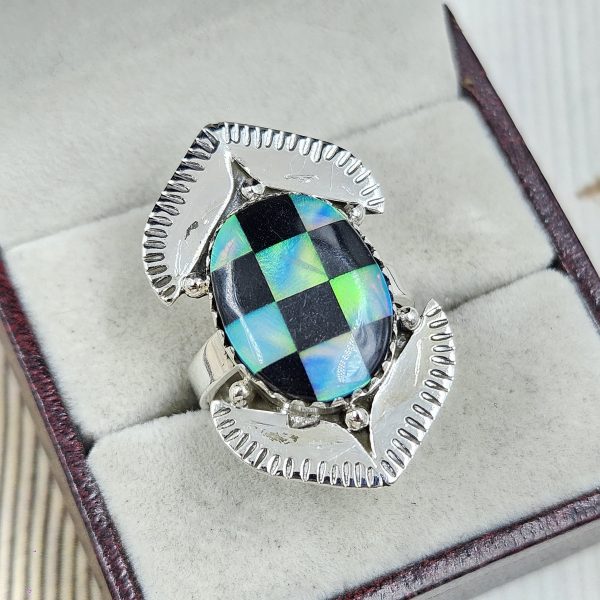 Aurora Opal Checkerboard Size US 7 925 Sterling Silver Ring (REXT67-62)