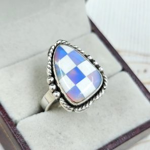 Aurora Opal Checkerboard Size US 11 925 Sterling Silver Ring (REXT67-64)