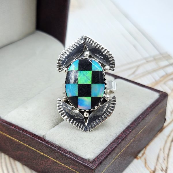 Aurora Opal Checkerboard Size US 7 925 Sterling Silver Ring (REXT67-62) - Image 2