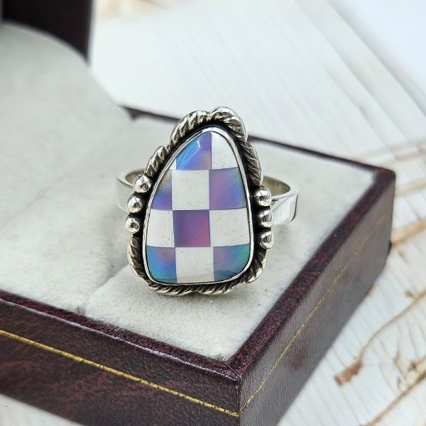 Aurora Opal Checkerboard Size US 11 925 Sterling Silver Ring (REXT67-64) - Image 2