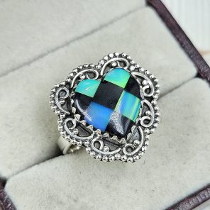 Aurora Opal Checkerboard Size US 7 925 Sterling Silver Ring (REXT67-65)