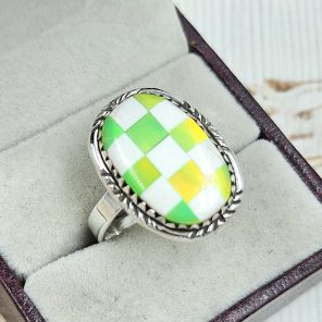 Aurora Opal Checkerboard Adjustable 925 Sterling Silver Ring (REXT67-68)