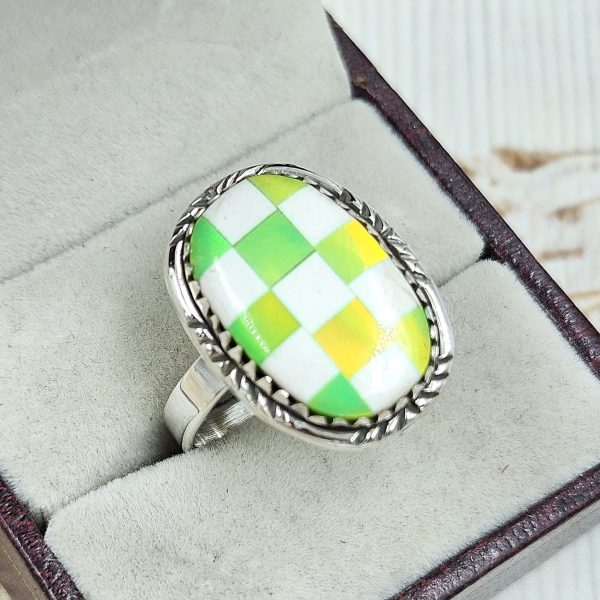 Aurora Opal Checkerboard Adjustable 925 Sterling Silver Ring (REXT67-68)