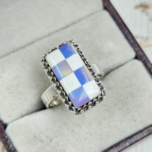 Aurora Opal Checkerboard Size US 7 925 Sterling Silver Ring (REXT67-67)