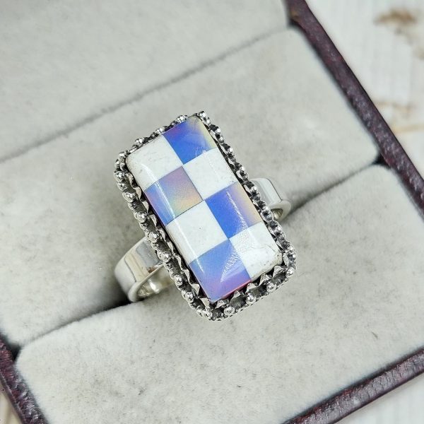 Aurora Opal Checkerboard Size US 7 925 Sterling Silver Ring (REXT67-67)